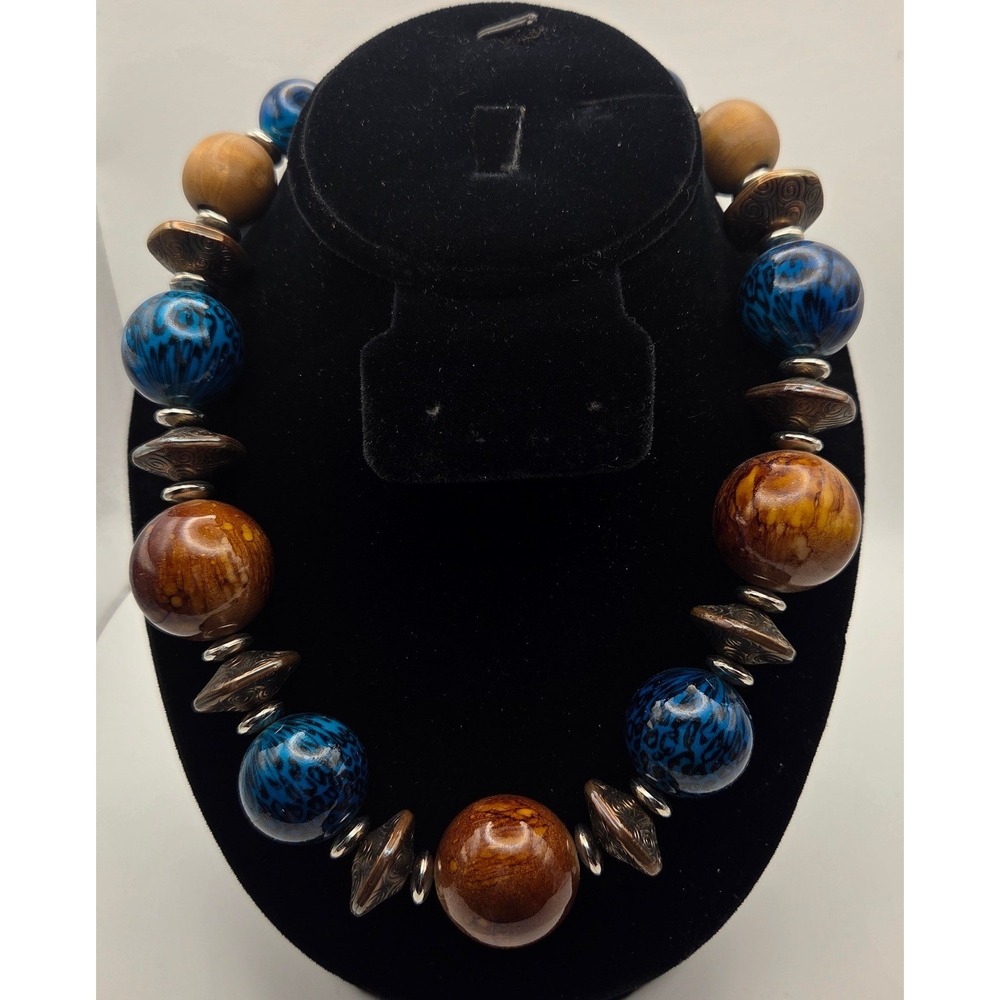 Safari-style Blue Leopard Print Wood Bead Chunky Collar Necklace‎ Silver Copper
